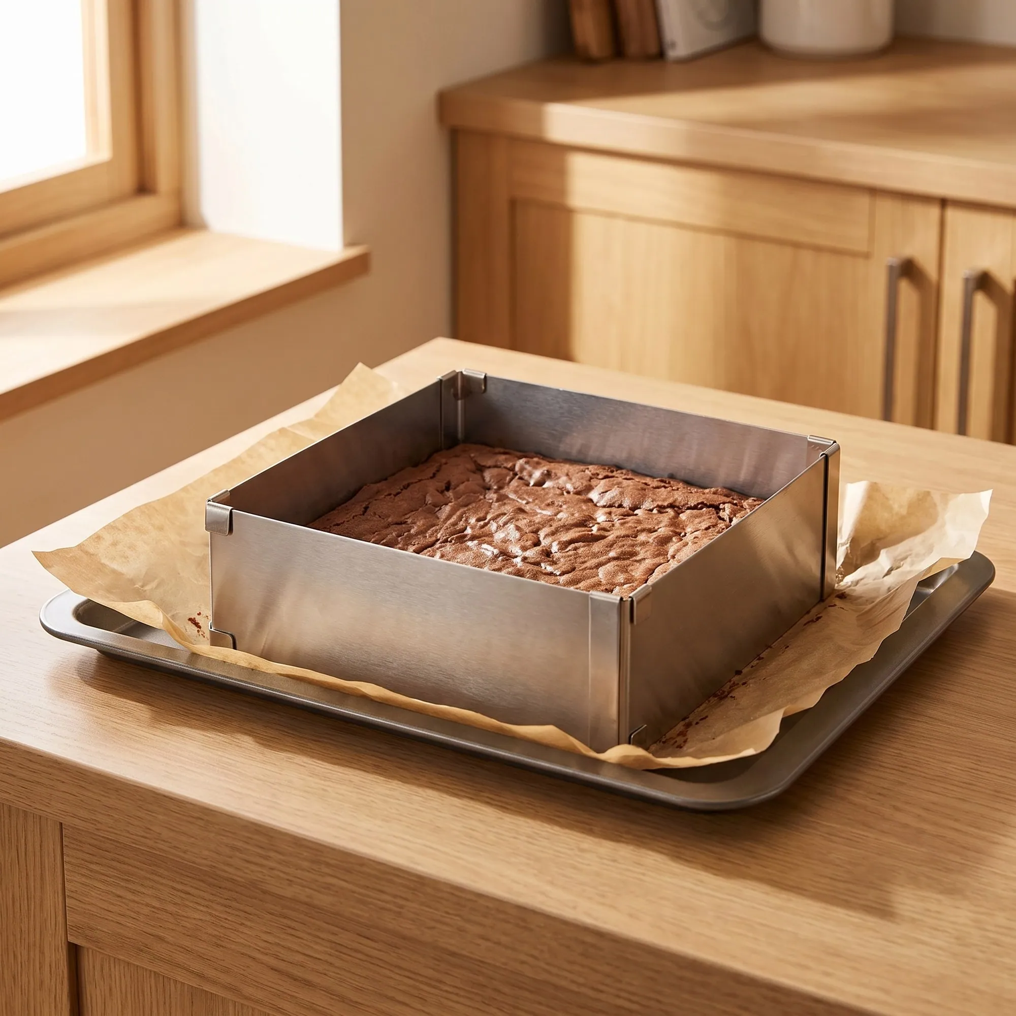 Yağlı kağıt serili tepside brownie pişirilmiş kek kalıbı çemberi
