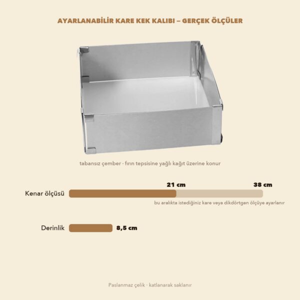 Kek kalıbı ölçüleri: 21–38 cm ayarlanabilir kenar, 8,5 cm derinlik