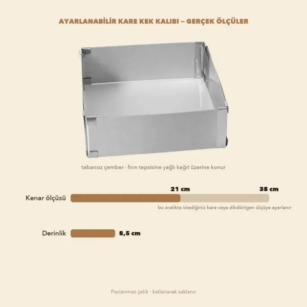 Kek kalıbı ölçüleri: 21–38 cm ayarlanabilir kenar, 8,5 cm derinlik