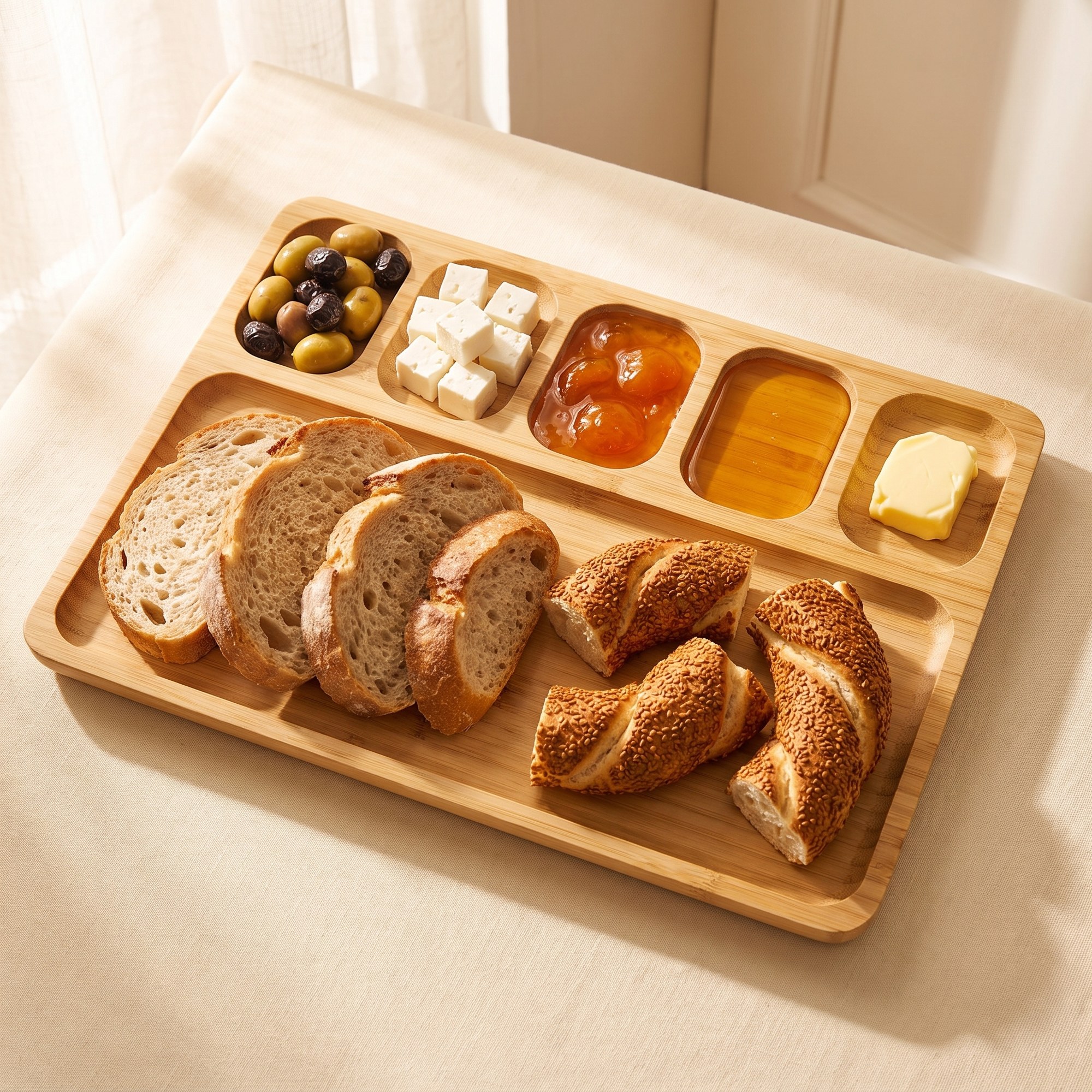 Zeytin, peynir, reçel, bal, tereyağı ve ekmekle dolu kahvaltı tabağı
