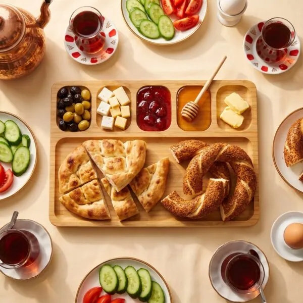Kalabalık kahvaltı sofrasında bambu tabak, çay ve pide eşliğinde