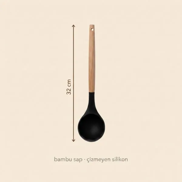 Kepçe ölçüsü: 32 cm, bambu sap, çizmeyen silikon