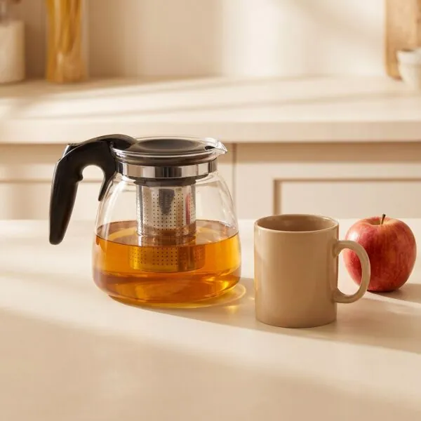 Cam çay demliği 1100 ml, çıkarılabilir çelik süzgeçli