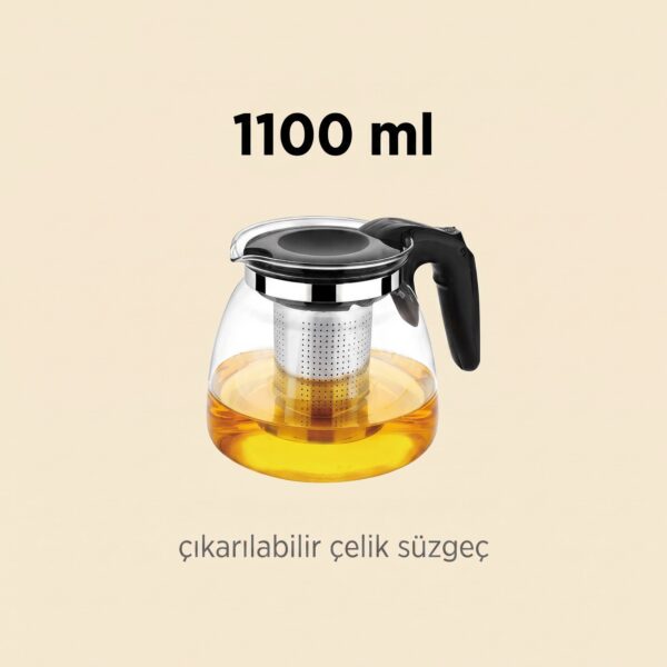 Cam çay demliği 1100 ml, çıkarılabilir çelik süzgeçli