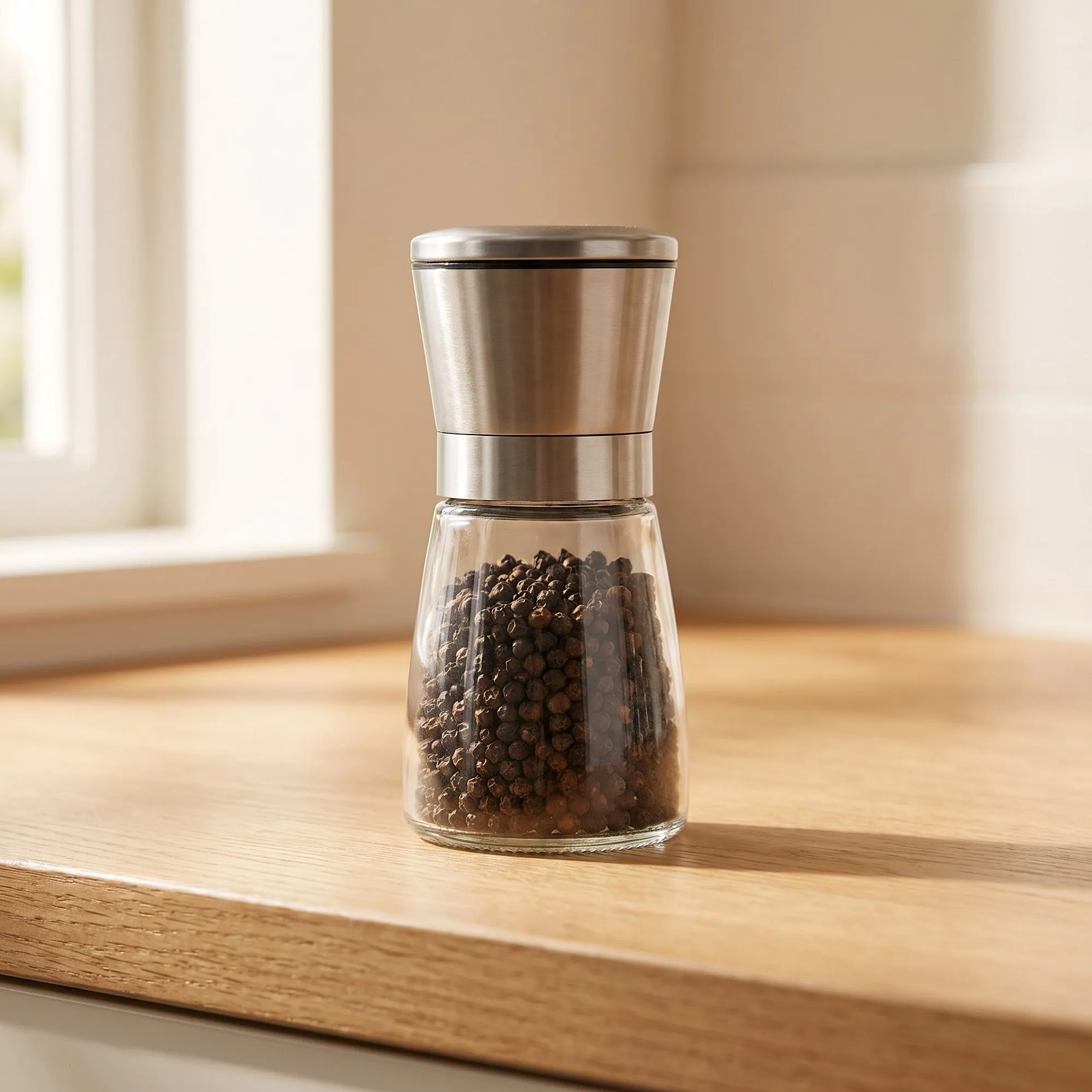 Cam gövdeli metal kapaklı baharat değirmeni 13 cm