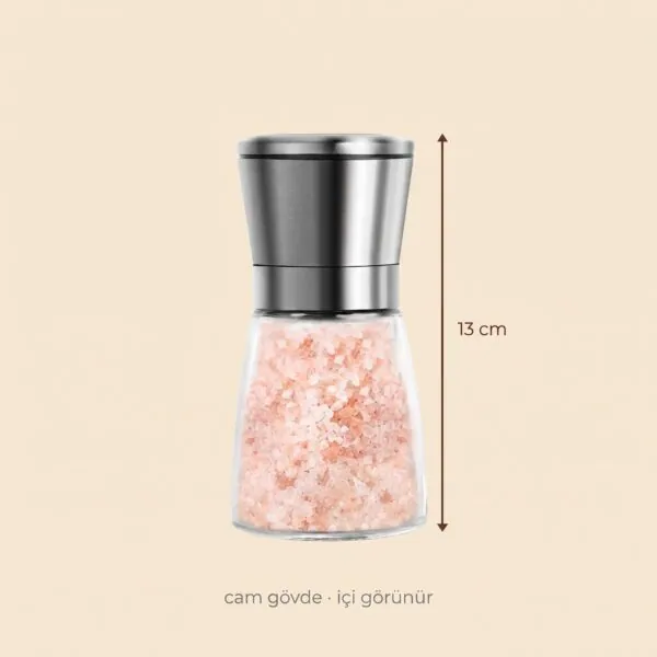 Baharat değirmeni ölçüsü: 13 cm, cam gövde, içi görünür