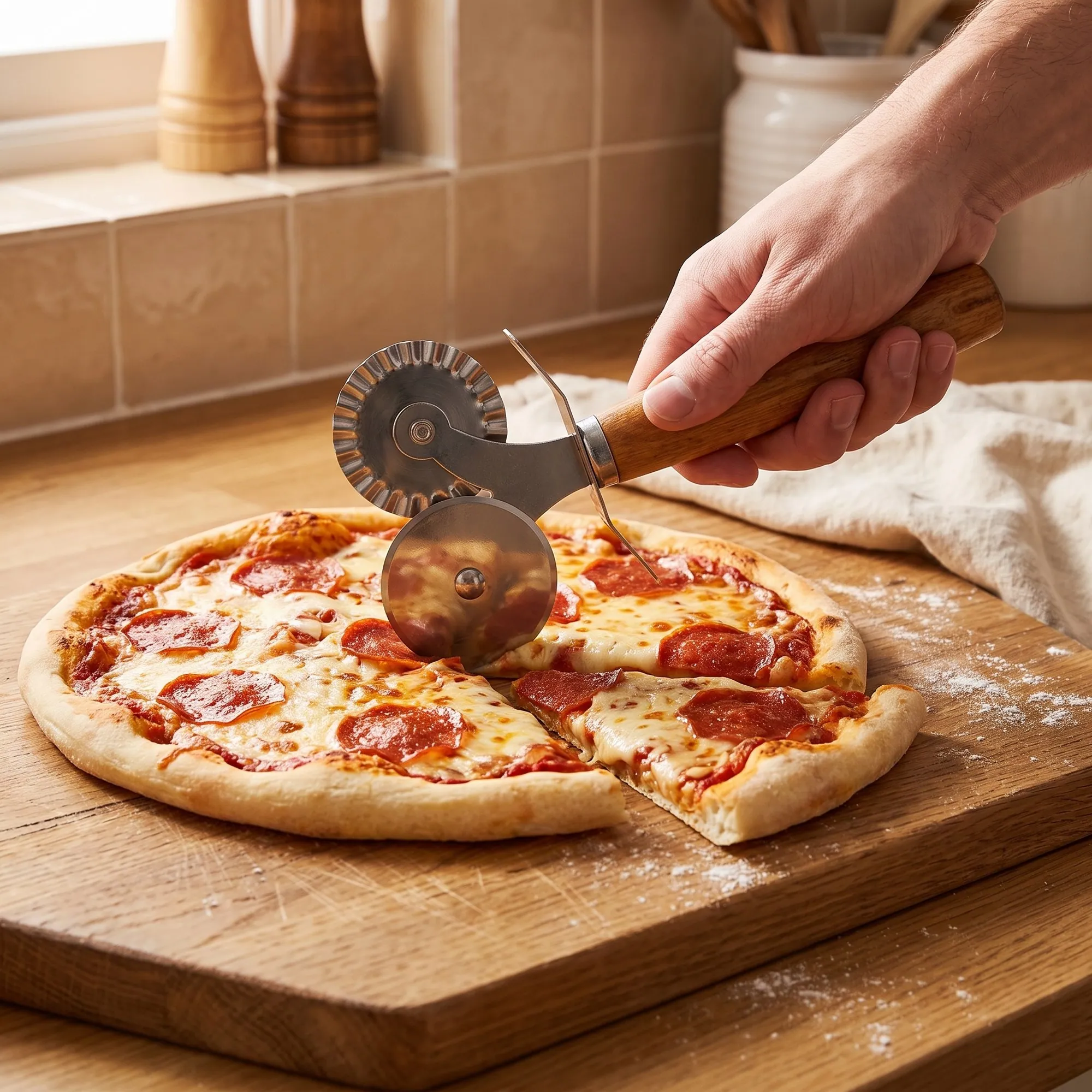 Ahşap saplı pizza ruleti ile fırından çıkmış pizzayı dilimleme
