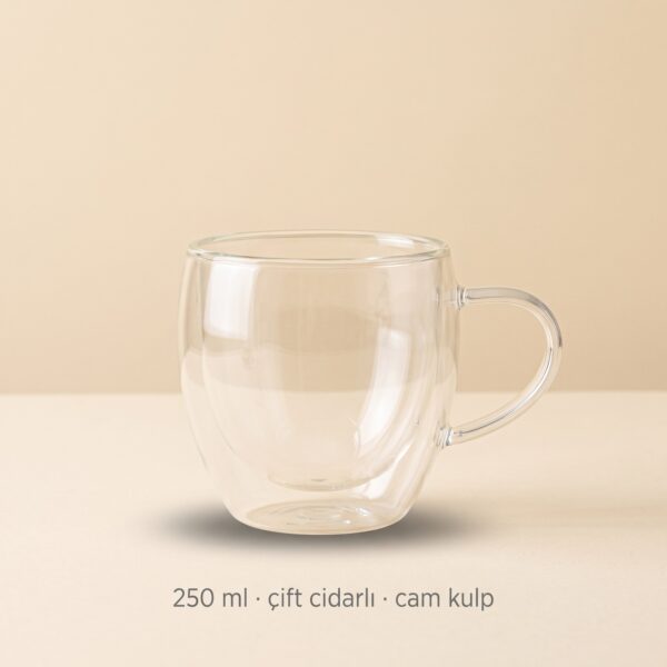 Çift cidarlı cam fincan 250 ml cam kulplu