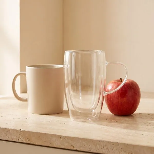 Çift cidarlı cam kupa 400 ml cam kulplu