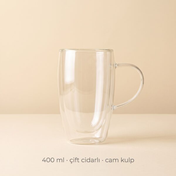 Çift cidarlı cam kupa 400 ml cam kulplu