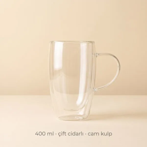 Çift cidarlı cam kupa 400 ml cam kulplu