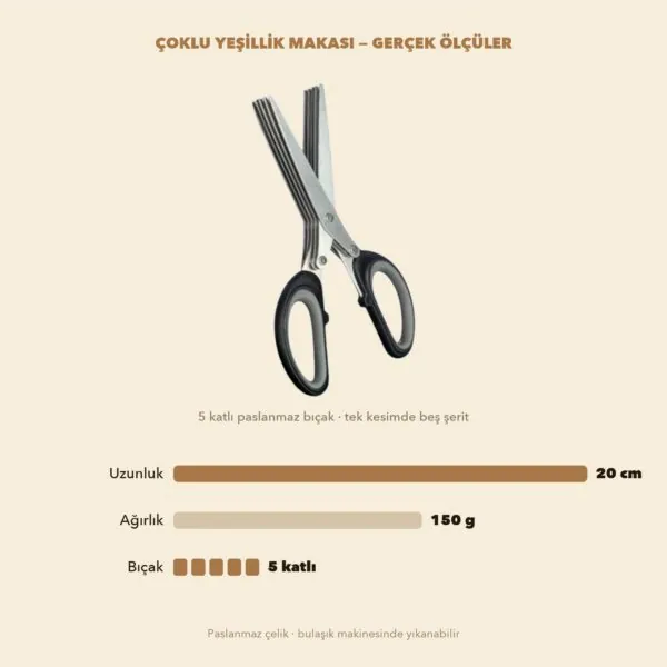 Yeşillik makası ölçüleri: 20 cm uzunluk, 150 g, 5 katlı bıçak