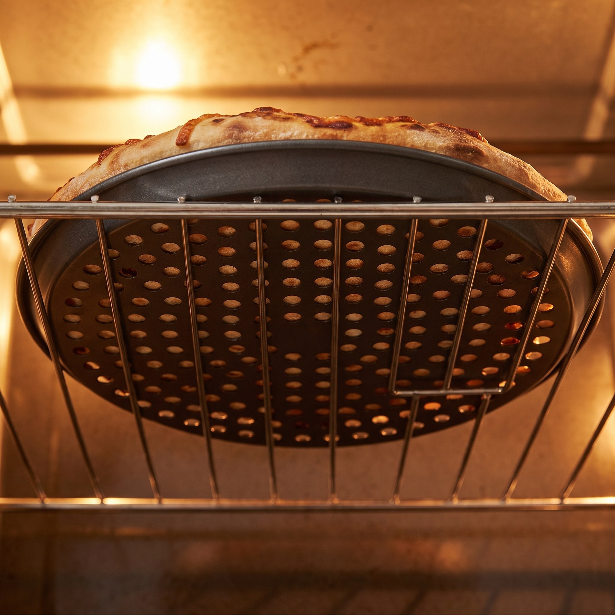 Fırında alttan görünüm: deliklerden geçen hava ve çıtır pizza tabanı