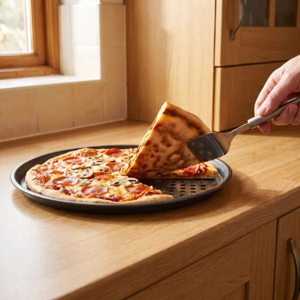 Dilim kaldırılırken görünen çıtır ve delik izli pizza tabanı