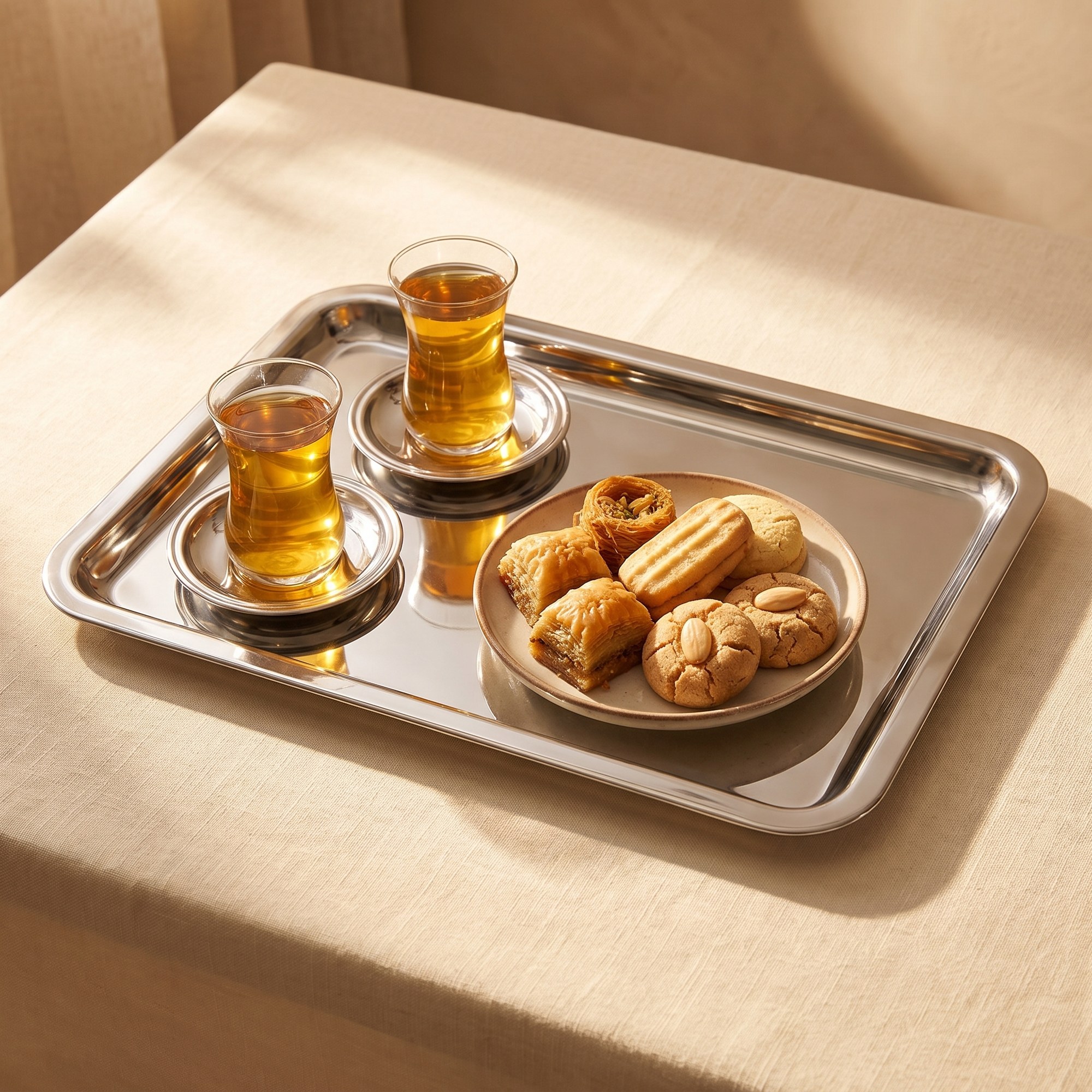 Gümüş sunum tepsisinde çay ve tatlı ikramı