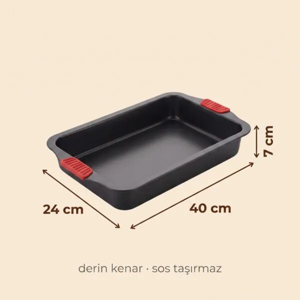 Fırın tepsisi ölçüleri: 40 cm uzunluk, 24 cm genişlik, 7 cm derinlik