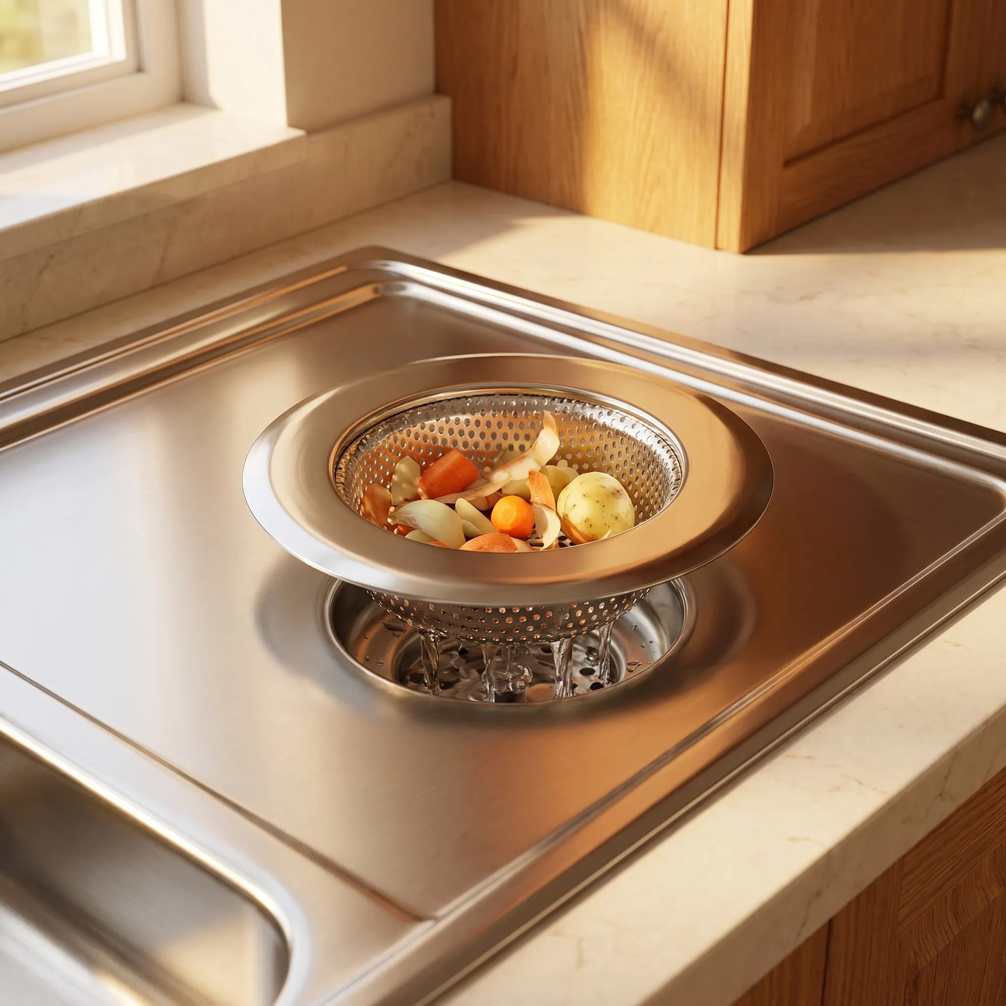 Lavabo süzgeci giderde, yemek artıklarını tutarken