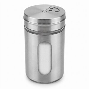 Cam pencereli metal yuvarlak tuzluk 5x8 cm, delikli kapak, beyaz zemin
