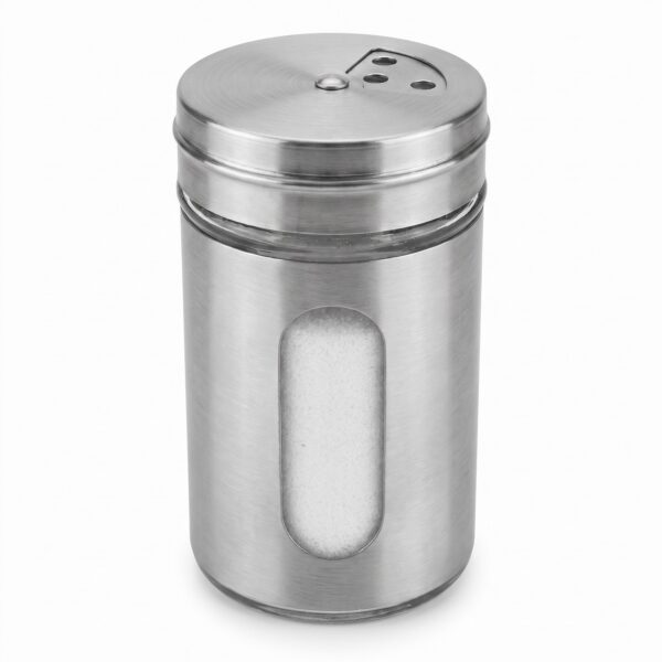 Cam pencereli metal yuvarlak tuzluk 5x8 cm, delikli kapak, beyaz zemin