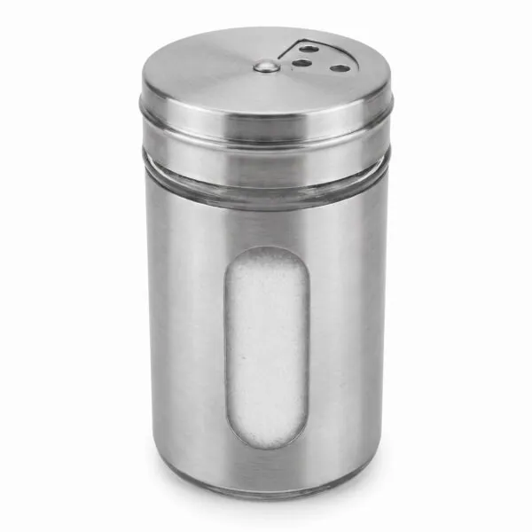 Cam pencereli metal yuvarlak tuzluk 5x8 cm, delikli kapak, beyaz zemin