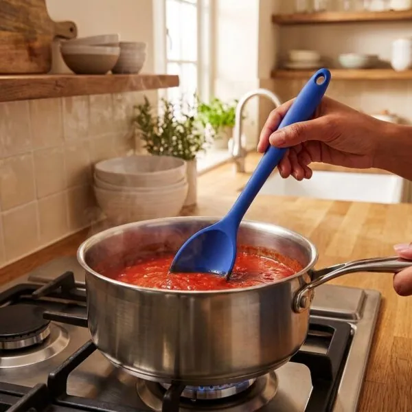 Yumuşak Yanmaz Silikon Kaşık 27 cm Mavi – tencerede karistirma