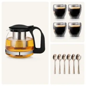 Çay Keyfi Seti: 1500 ml çelik süzgeçli cam çay demliği, 4 adet 250 ml buzlu çift cidarlı cam bardak ve 6'lı gümüş çay kaşığı