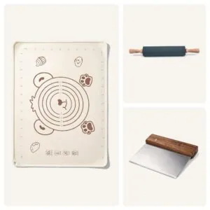 Hamur İşi Seti: 50×70 cm krem silikon hamur açma matı, 42 cm bambu saplı silikon oklava ve ahşap saplı çelik hamur kazıyıcı