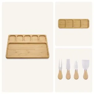 Kahvaltı Sofrası Seti: 23×32 cm 6 bölmeli bambu kahvaltı tabağı, 4 bölmeli bambu sunumluk ve 4'lü bambu saplı peynir bıçağı seti